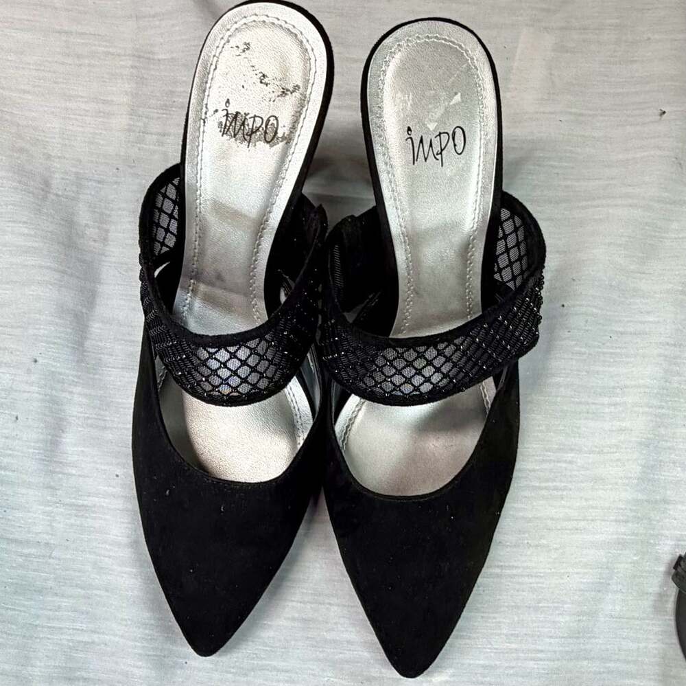 Impo Black Suede Pointed Toe High Heel Mules with Mesh Strap